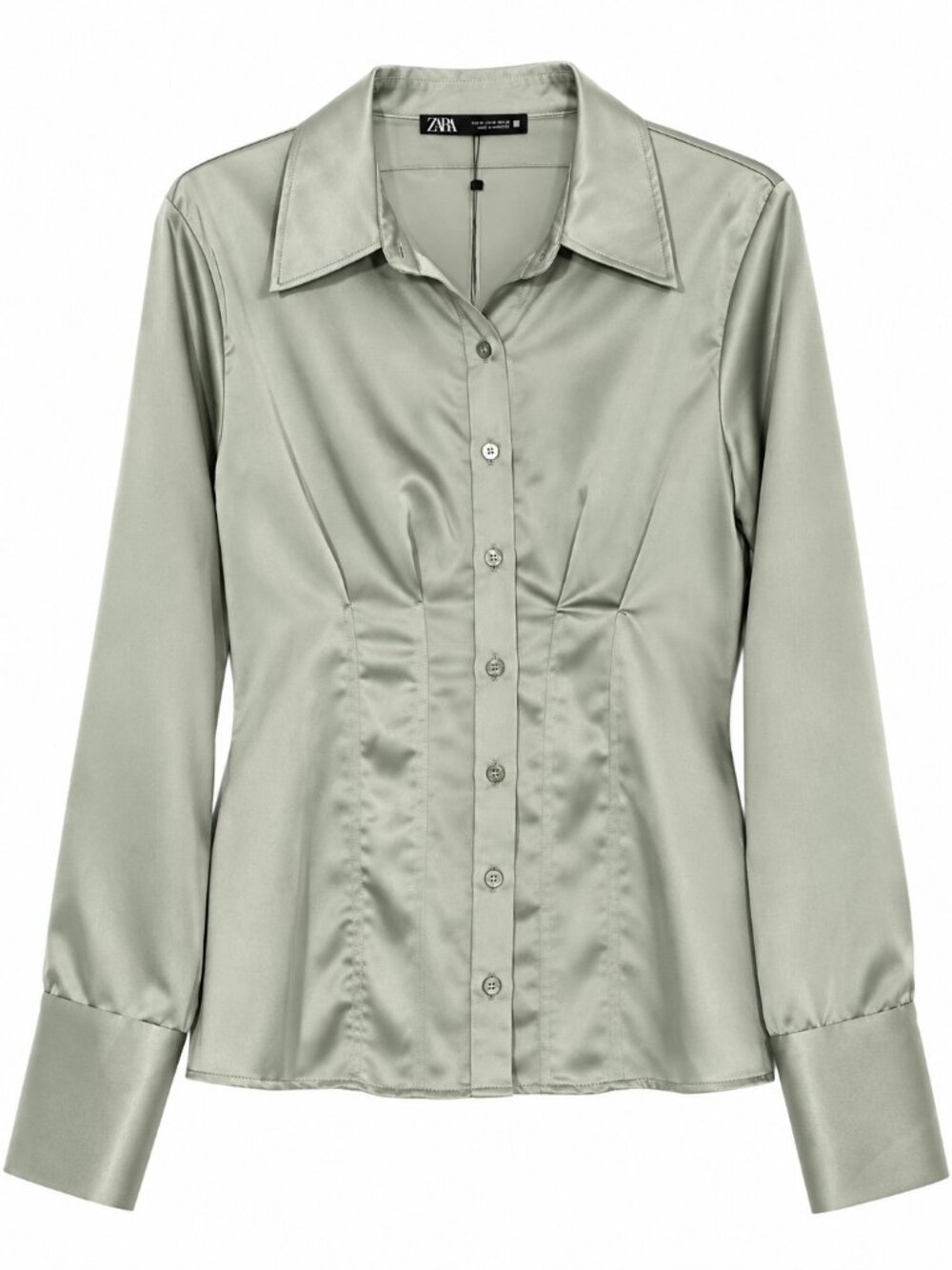 ZARA Y2K Sage Green Cinched Waist Long Sleeve Satin Button Front Blouse Size M